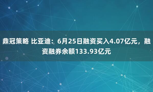 鼎冠策略 比亚迪：6月25日融资买入4.07亿元，融资融券余额133.93亿元